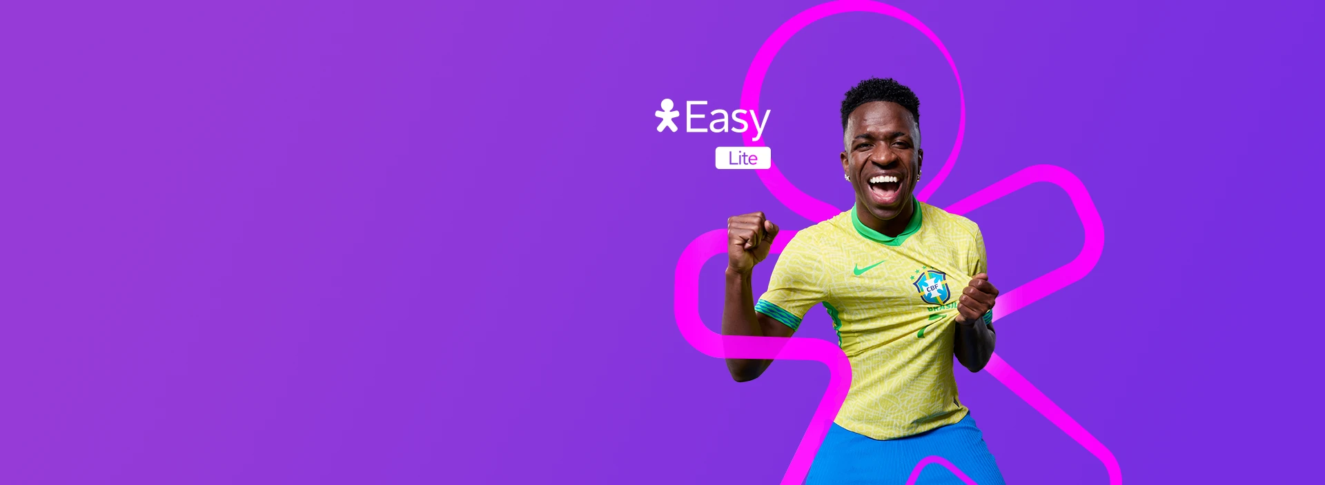 Imagem de Vini Jr. vestindo uniforme da seleção, com contorno do Vivinho e logo Vivo Easy Lite.