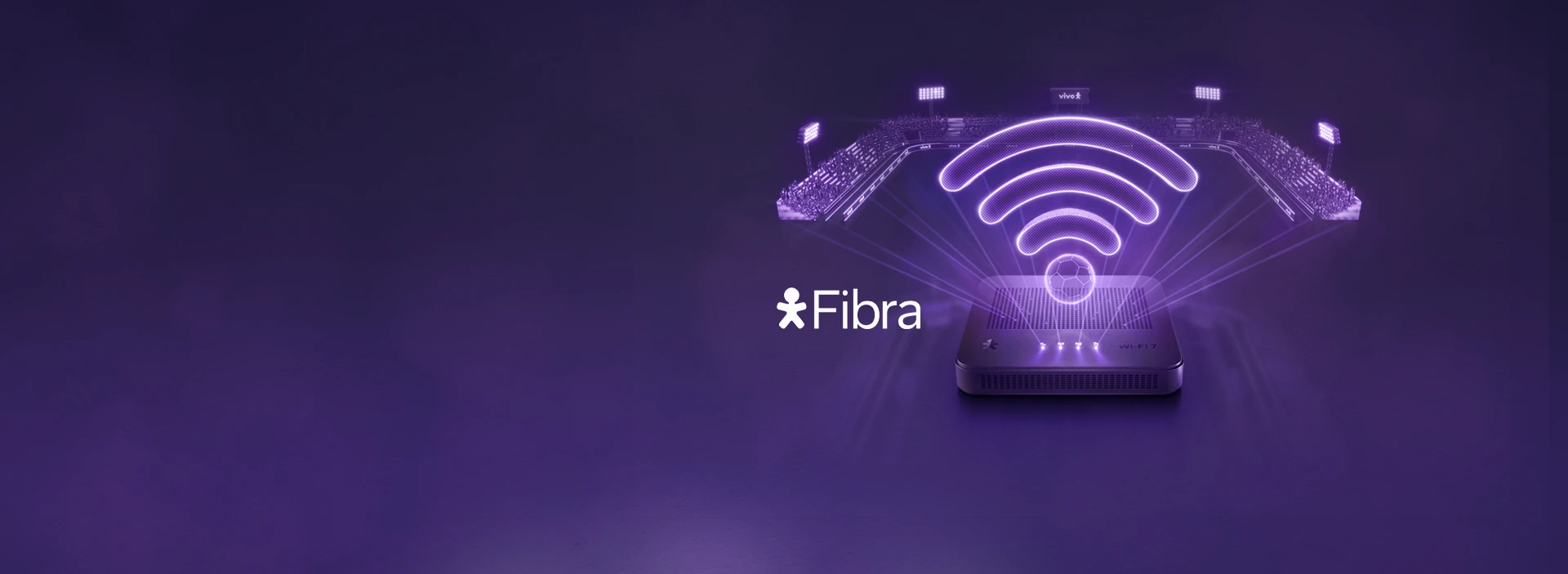 Imagem com aparelho Wi-Fi Vivo e ilustração de estádio de futebol e logo Vivo Fibra.