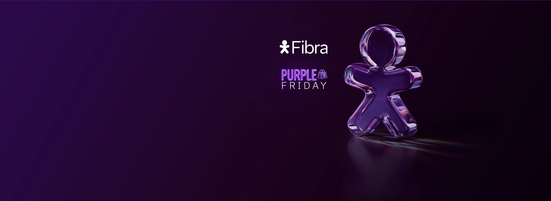 Imagem com fundo escuro, vivinho em vidro e acima logos Vivo Fibra e Purple Friday