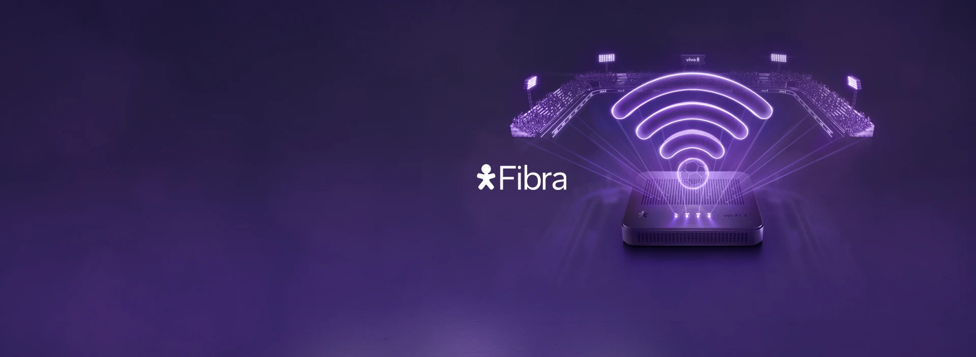 Imagem de um arquibancada de estádio, um molden no centro e um símbolo de Wi-Fi com fundo roxo.