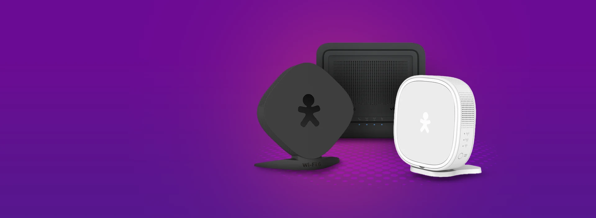 Equipamentos Vivo Fibra Wi‑Fi em destaque sobre fundo roxo.