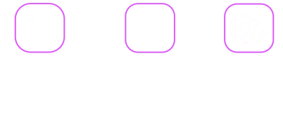 Conjunto de três ícones em roxo, incluindo símbolo de configuração e Wi‑Fi.