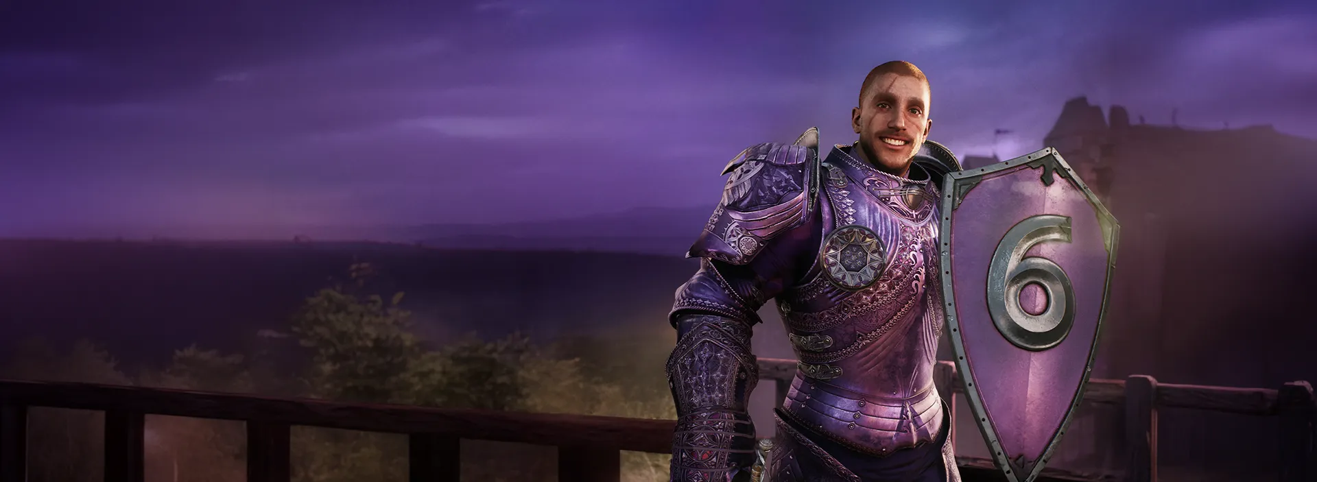 Imagem de um cavaleiro com armadura, sorrindo com o número 6 no escudo.
