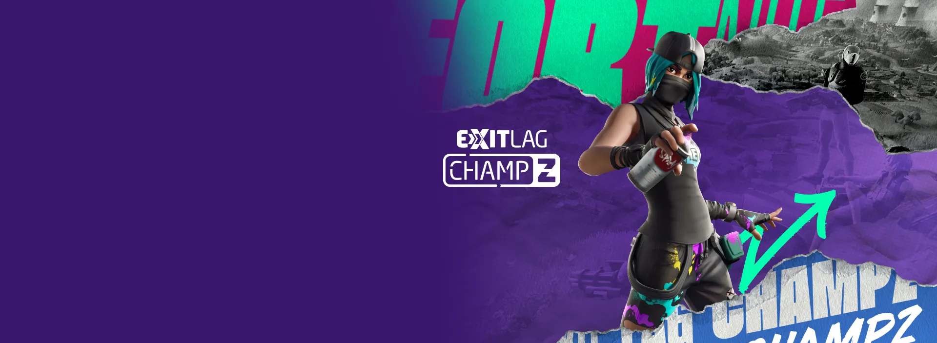 Imagem de um personagem ilustrado segurando um spray de trinta, lê-se "ExitLag ChampZ"