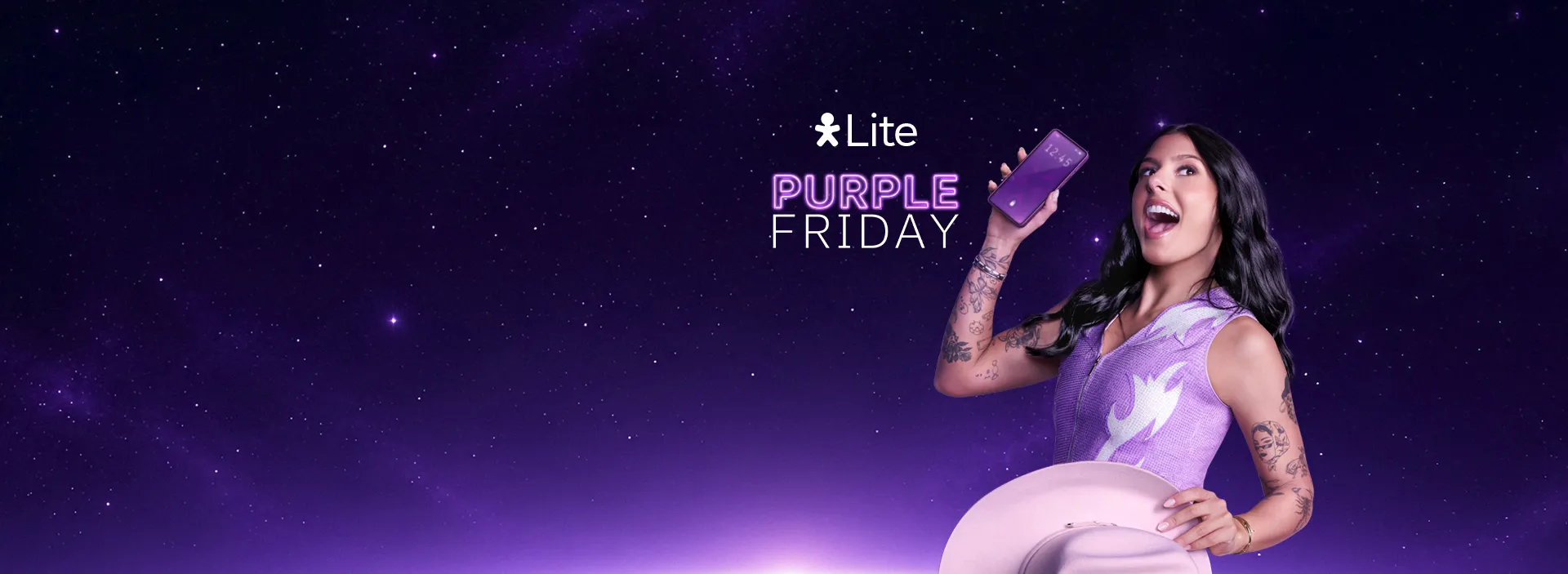 Banner Lite Purple Friday com smartphone roxo em destaque.