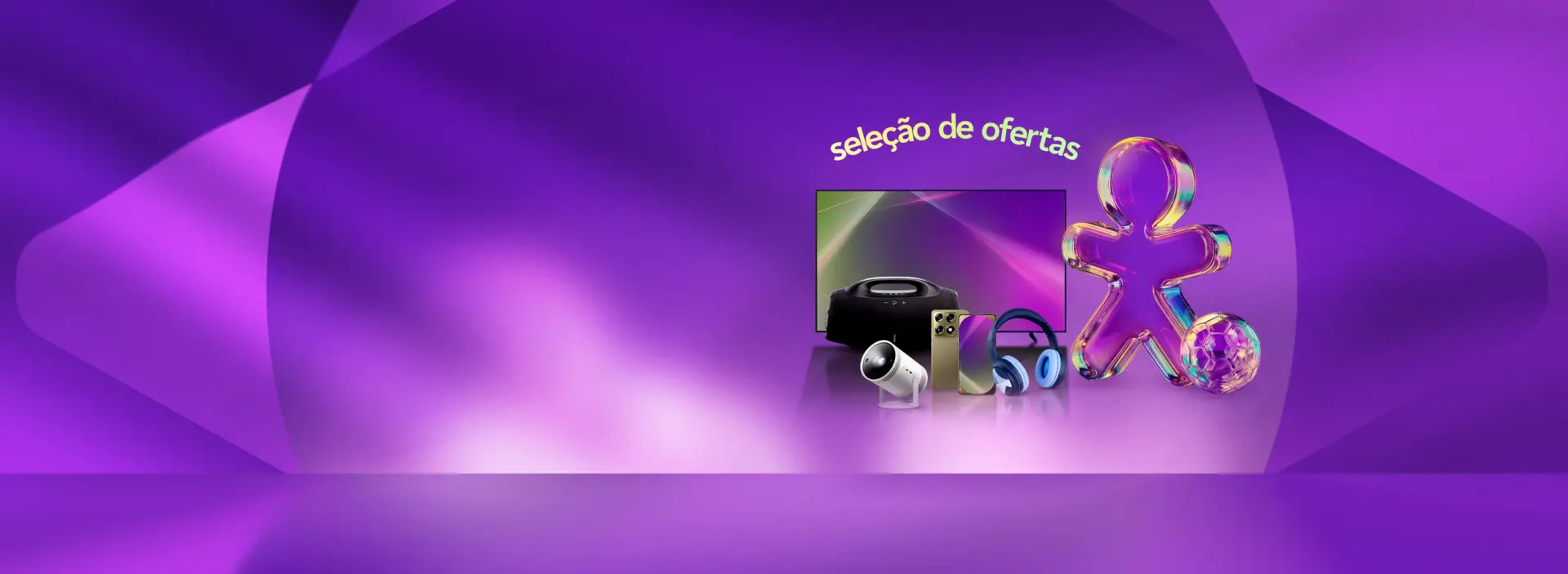 Imagem de uma TV, uma caixa de som, um celular, um fone de ouvido e um projetor em um fundo roxo.