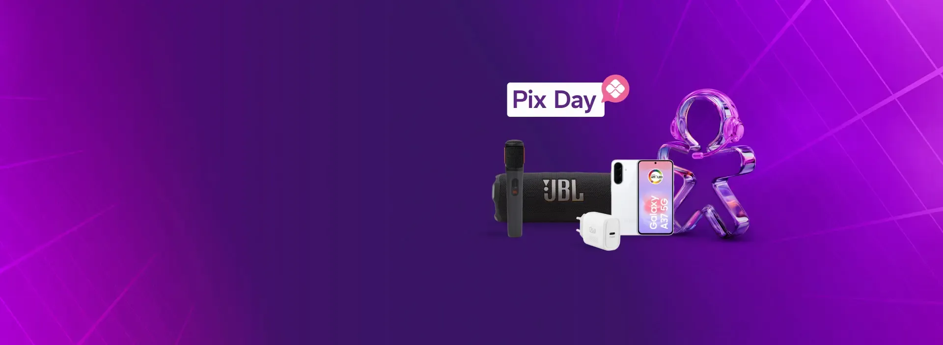 Banner da campanha Pix Day com smartphone e acessórios.