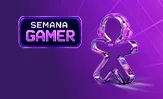 Arte da campanha Semana Gamer em fundo roxo.