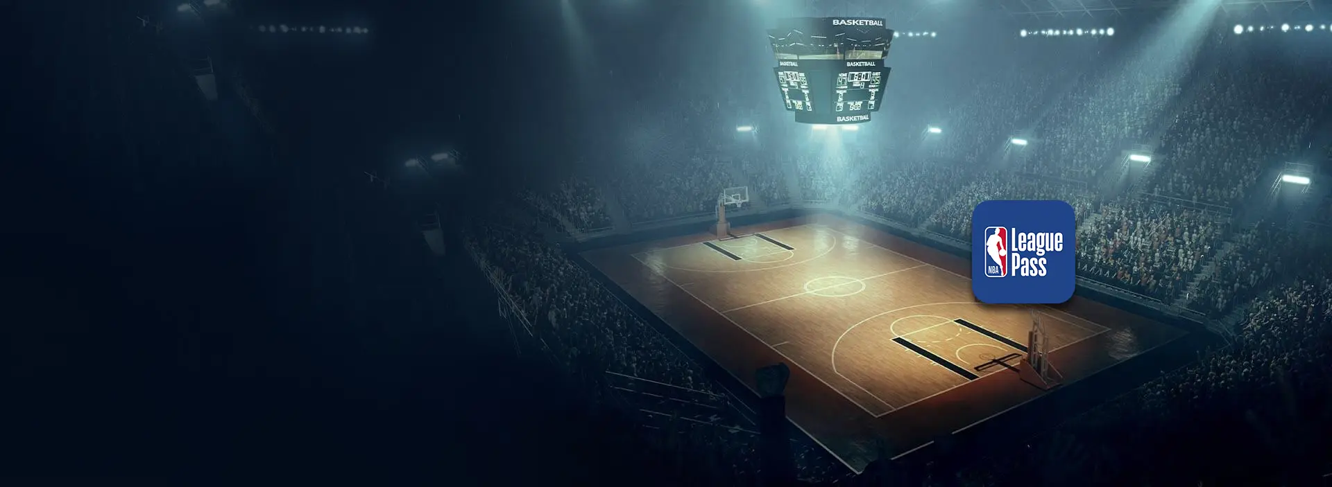 Quadra de basquete com logo do aplicativo da NBA League Pass em cima.