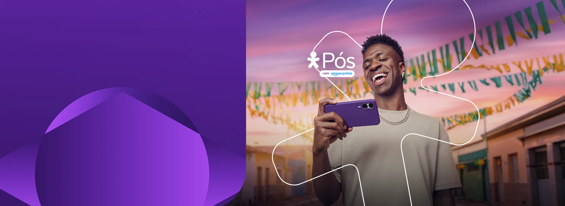 Imagem do Vini Júnior sorrindo olhando para o celular. Logo Vivo Pós com Amazon Prime.