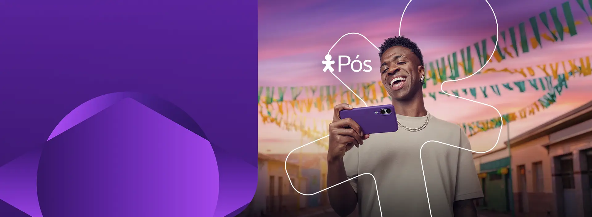 Imagem do Vini Júnior sorrindo olhando para o celular. Logo Vivo Pós com Amazon Prime.