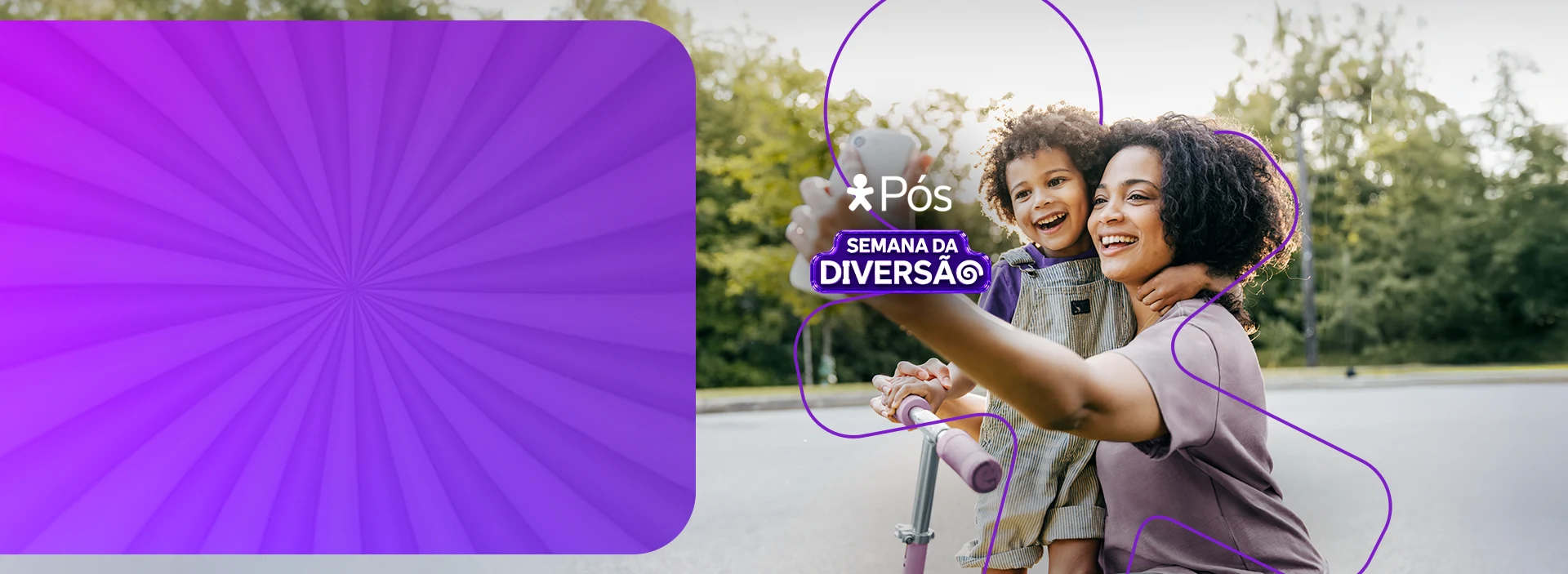 Pessoa tira foto com celular ao lado de criança em parque na campanha Vivo Pós.