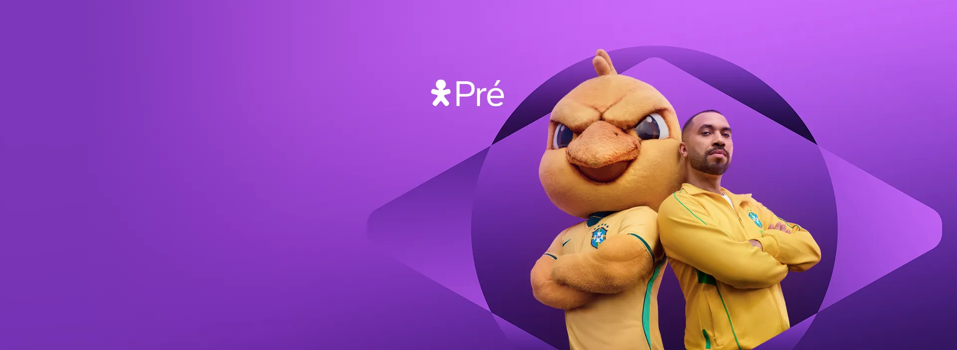 Imagem do Canarinho e Gil do Vigor, dentro de um elemento da bandeira do Brasil em tons de roxo.