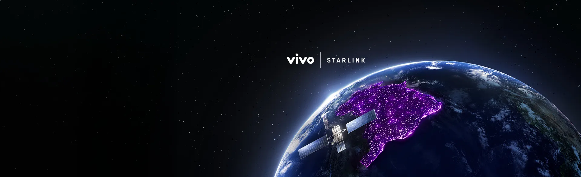 Satélite com planeta terra ao fundo e logos Vivo Satélite e Starlink.