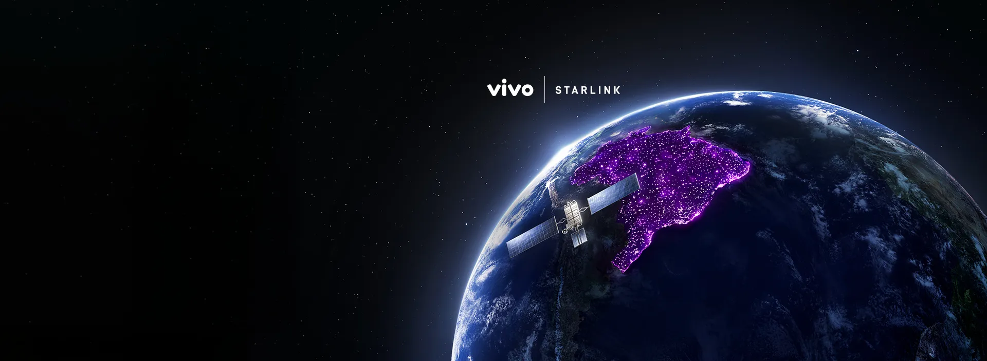 Satélite com planeta terra ao fundo e logos Vivo Satélite e Starlink.