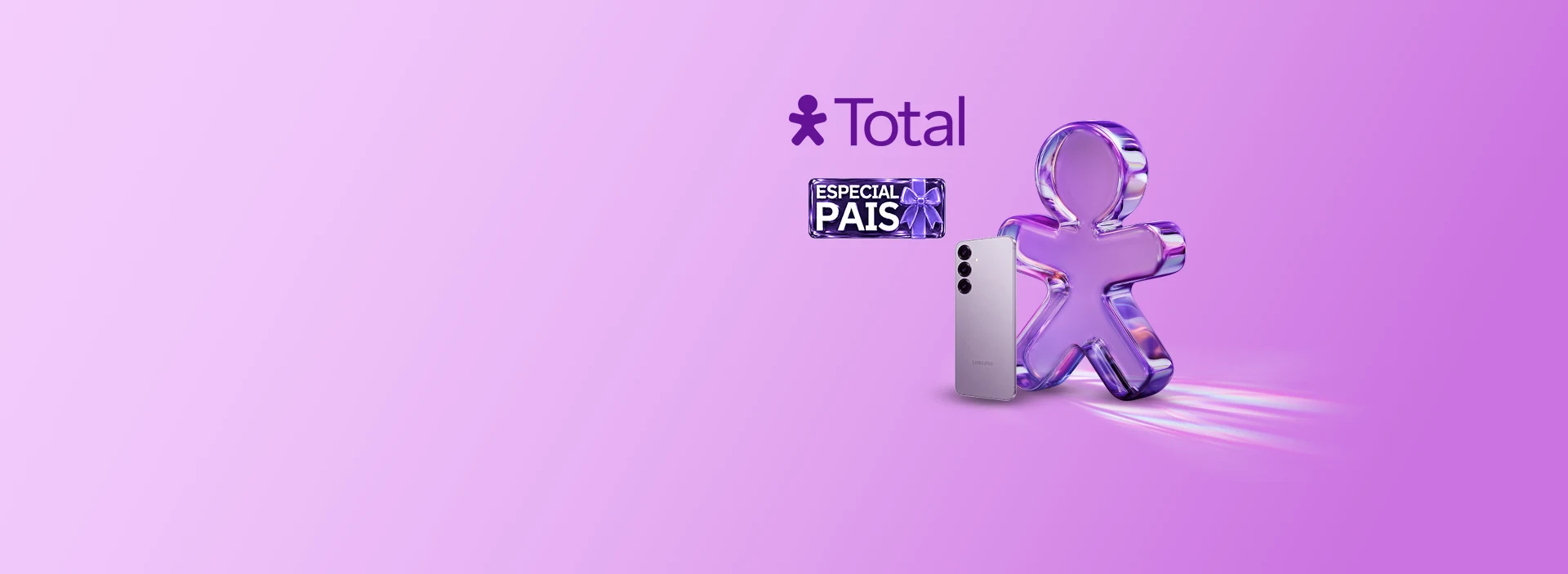 Vivinho com efeito espelhado com um smartphone na frente em um fundo degradê de roxo.
