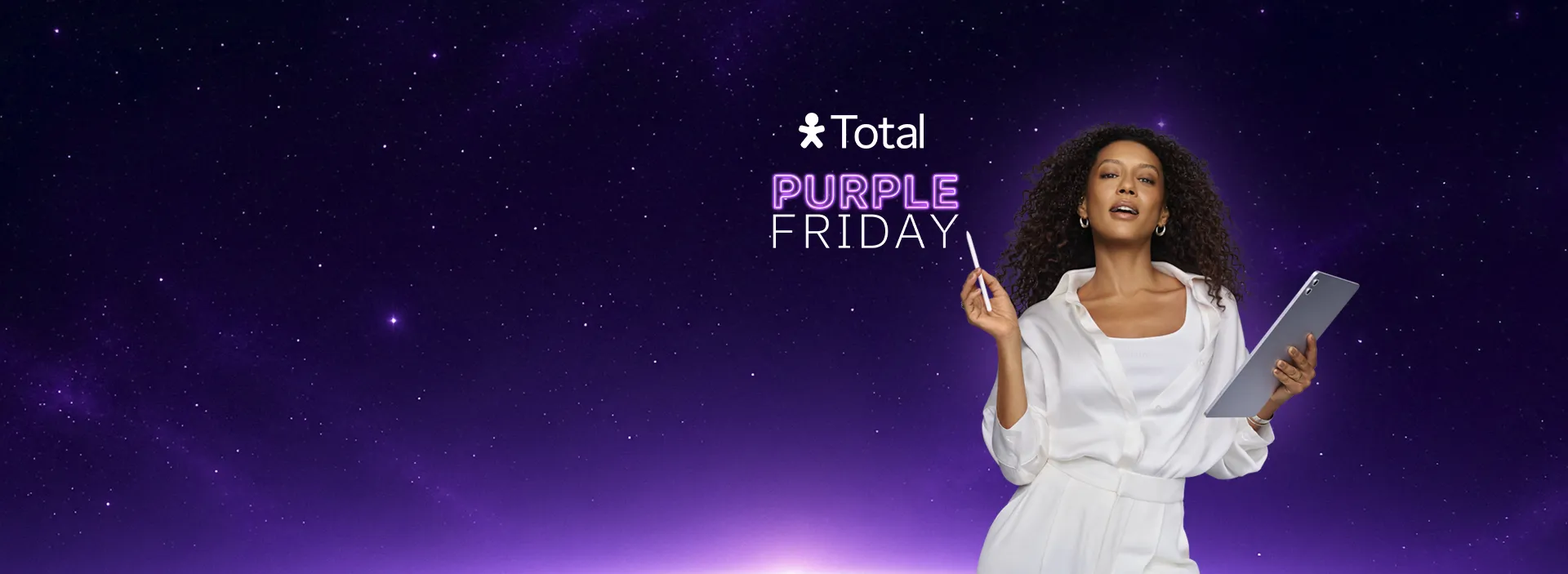Banner Vivo Total Purple Friday com pessoa segurando tablet e caneta digital.