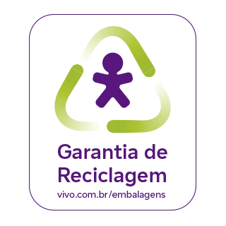 Lê-se: Garantia de Reciclagem, vivo.com.br/embalagens. Com Vivinho dentro do símbolo de reciclagem.