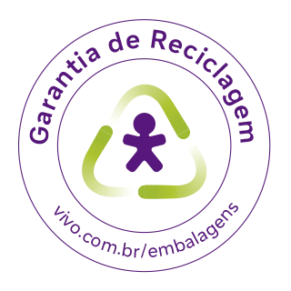 Lê-se: Garantia de Reciclagem, vivo.com.br/embalagens. Com Vivinho dentro do símbolo de reciclagem.
