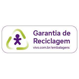 Lê-se: Garantia de Reciclagem, vivo.com.br/embalagens. Com Vivinho dentro do símbolo de reciclagem.