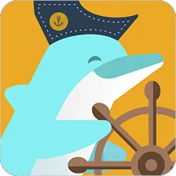 Imagem de um golfinho com chapéu de capitão dirigindo um barco