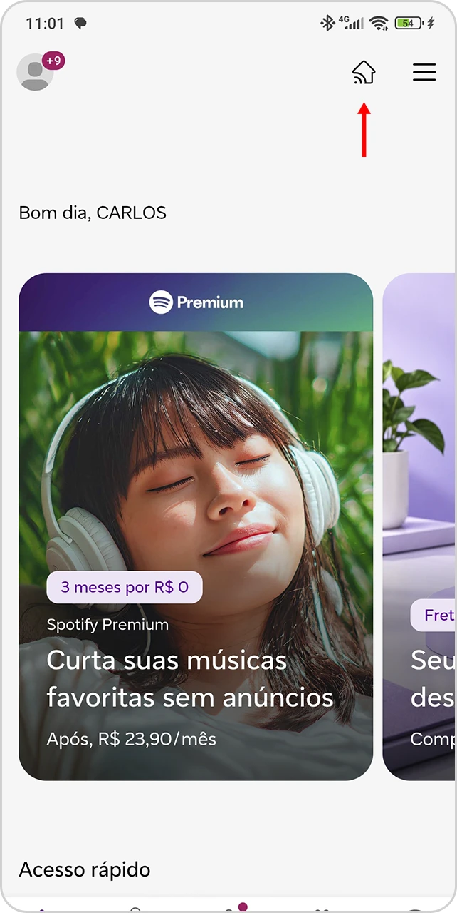 Tela inicial do App Vivo com seta apontando para ícone de Casa Inteligente.