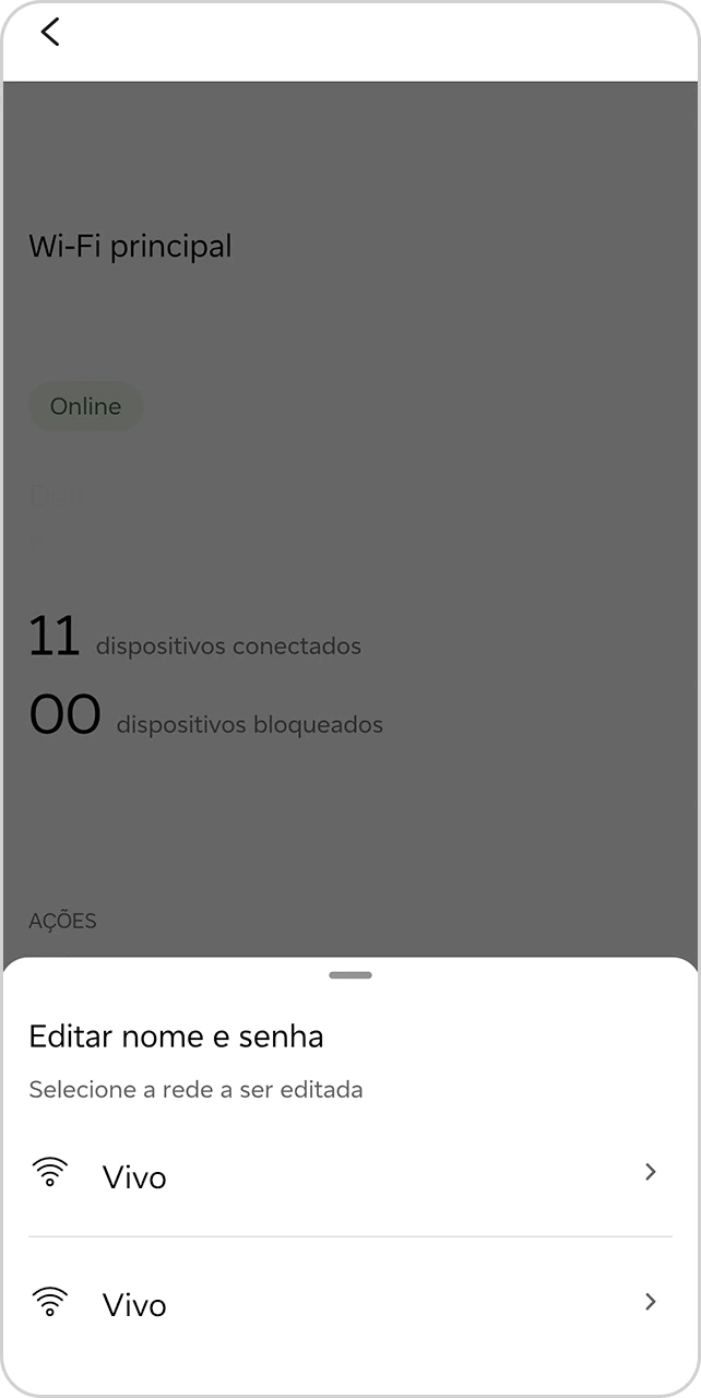 Tela de Wi-Fi principal com aba de edição de nome e senha aberta.