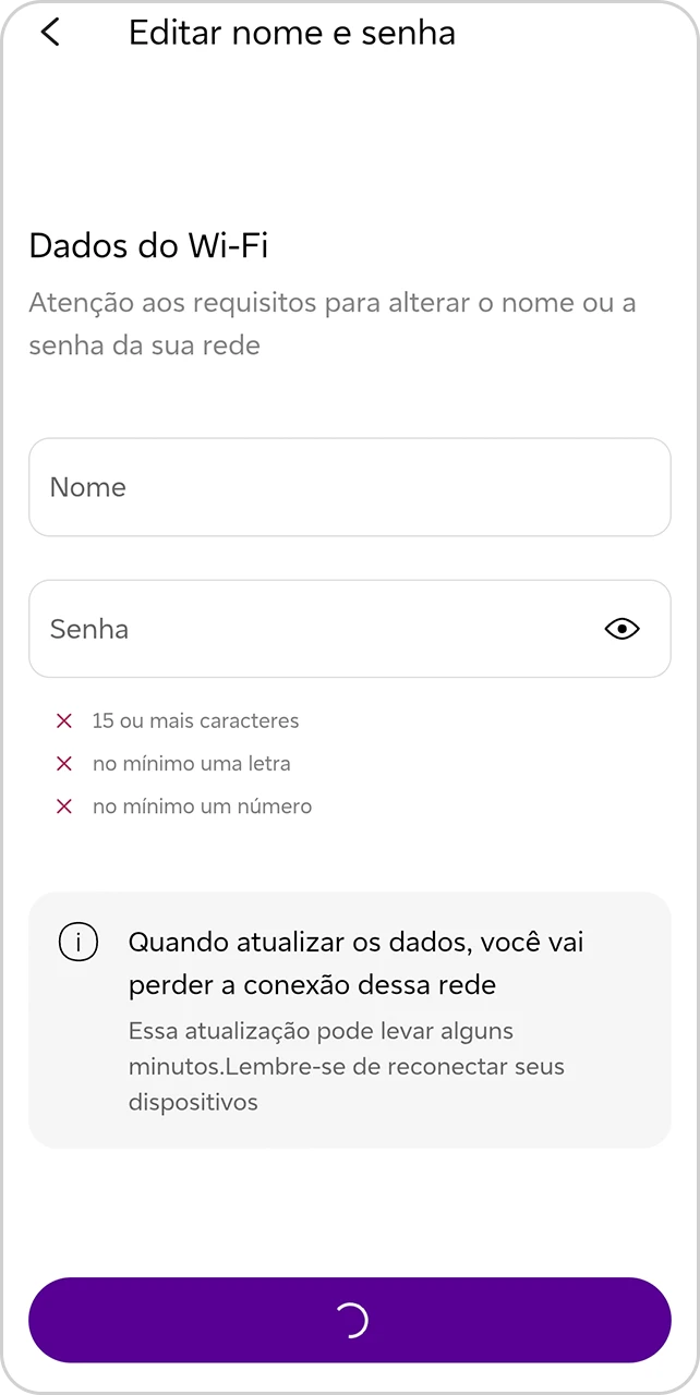 Tela de edição de nome e senha do Wi-Fi principal.