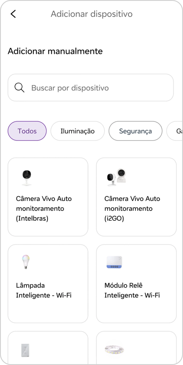Tela de "adicionar dispositivo" no app Casa Inteligente