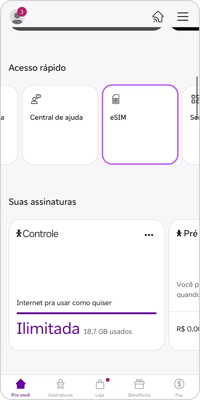 Tela do App Vivo com seção Acesso rápido e cartão eSIM disponível entre os atalhos.