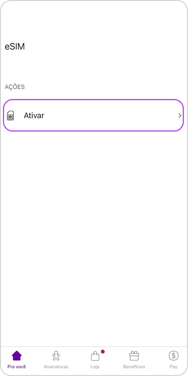 Tela eSIM do App Vivo com ação Ativar disponível para iniciar a configuração.