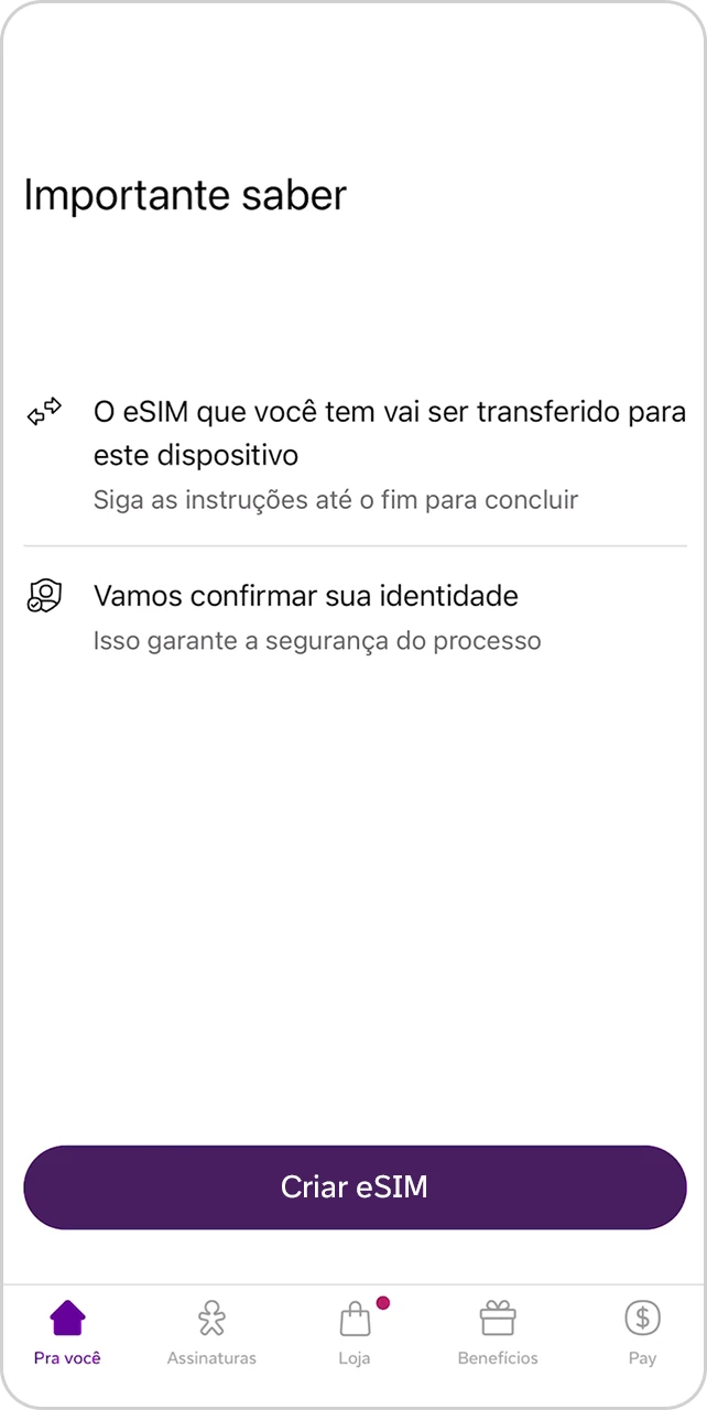 Tela do App Vivo com orientações para transferir o eSIM para outro dispositivo.