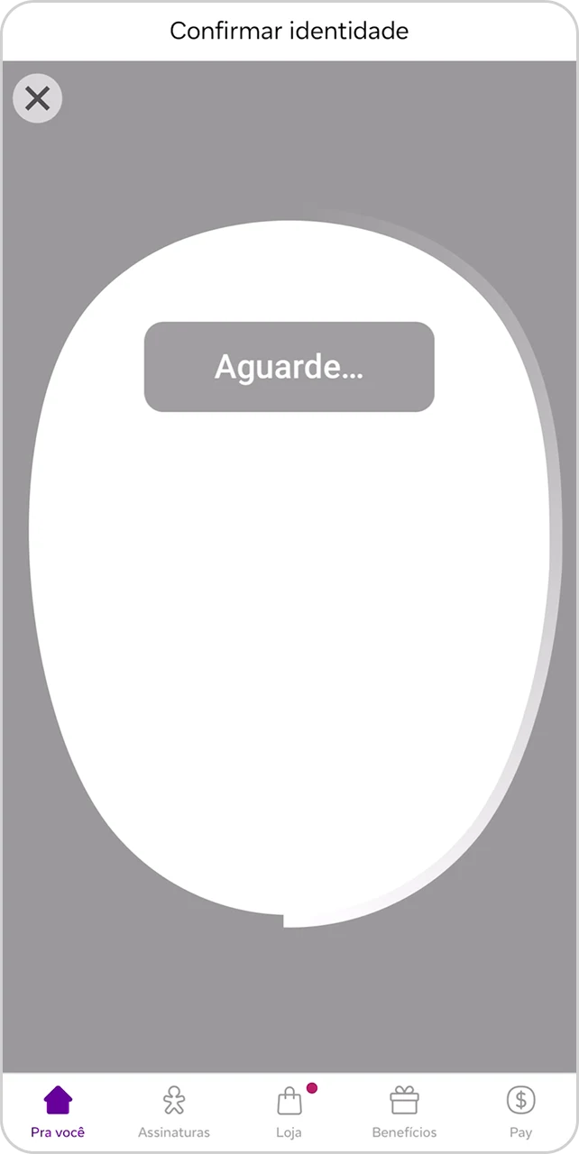 Área de captura facial com mensagem de processamento durante a validação de identidade.