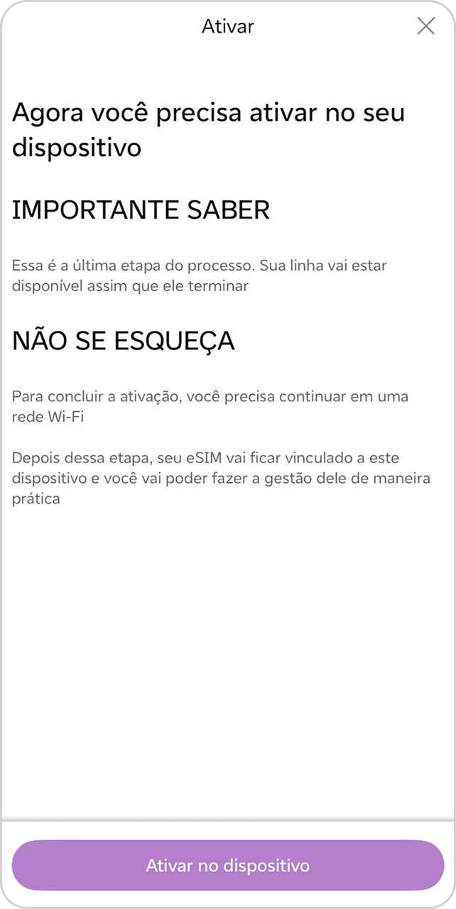 Tela de ativação do eSIM com informações sobre Wi‑Fi e botão Ativar no dispositivo.