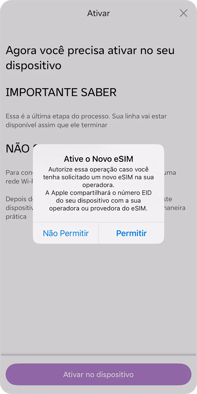 Aviso de ativação do eSIM com opções Permitir e Não Permitir no dispositivo.
