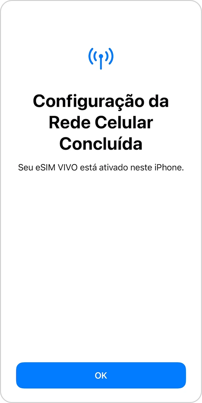 Tela de confirmação da ativação do eSIM com mensagem de configuração concluída.