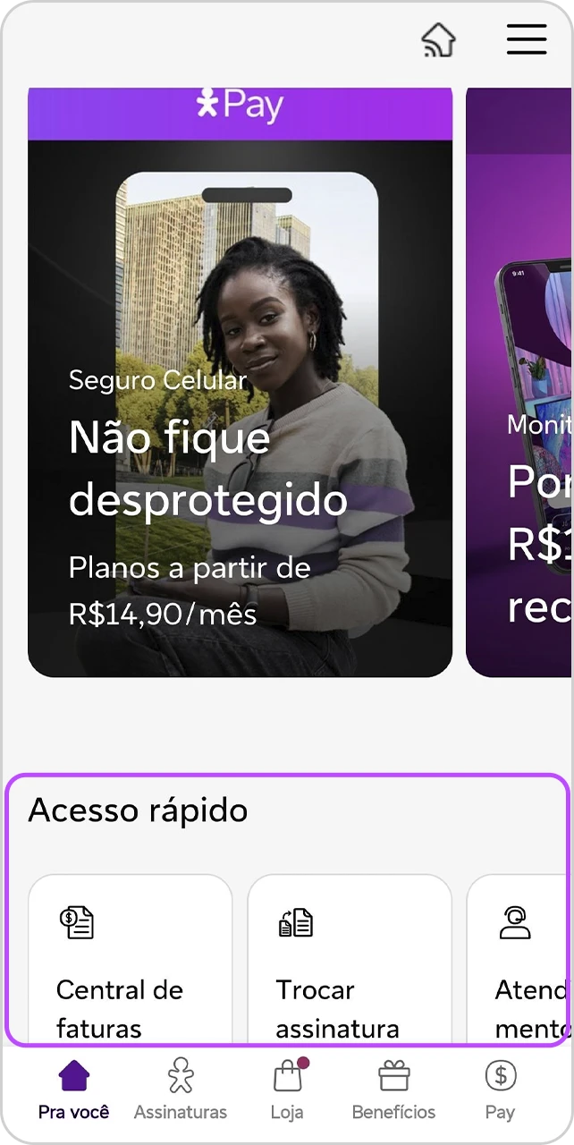 Tela de início do App Vivo com região do "Acesso rápido" destacada.