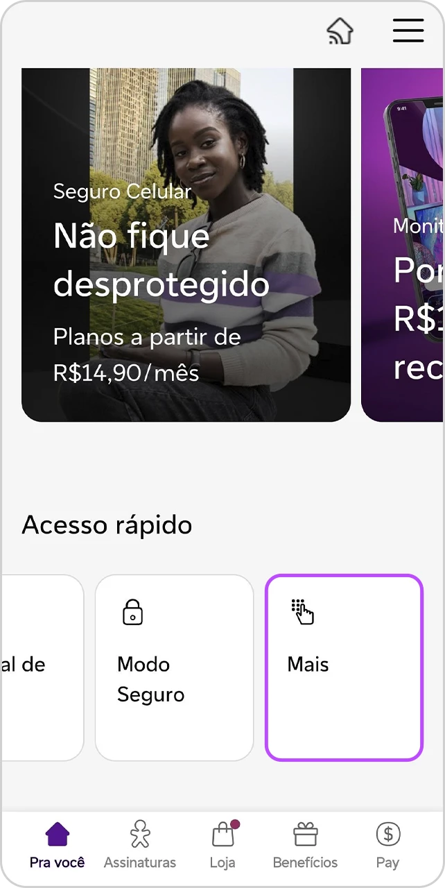 Tela de início do App Vivo na região do "Acesso rápido" com item "Mais" destacado.