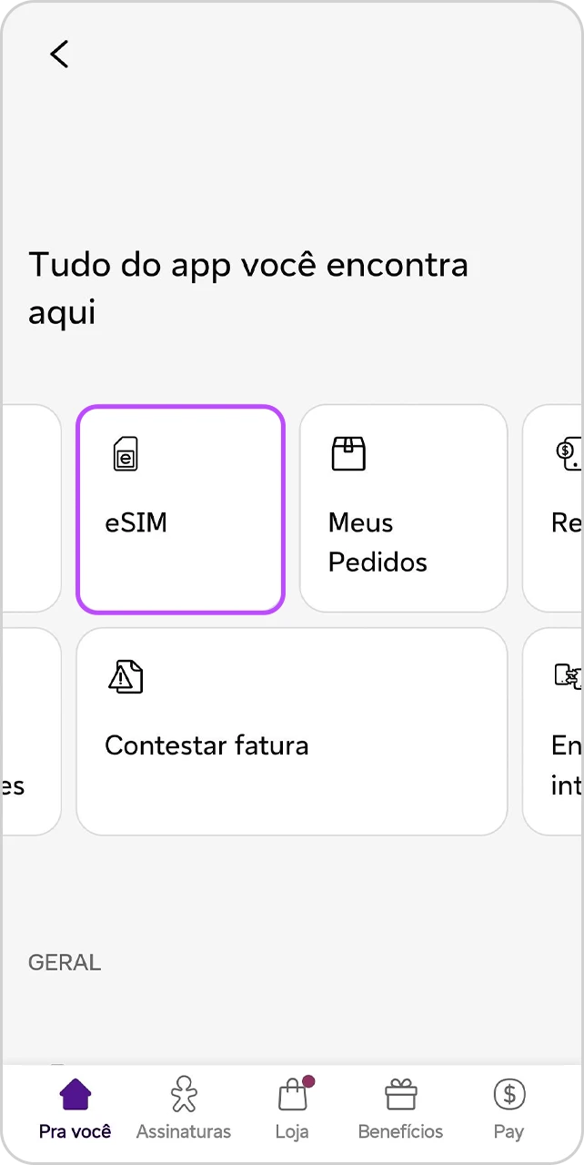 Tela do App Vivo mostrando área "Tudo do app você encontra aqui" e item "eSIM" em destaque.