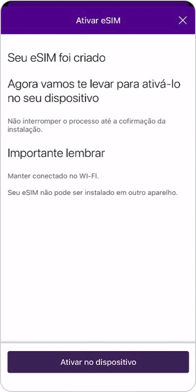 Tela de finalização de eSIM criado.