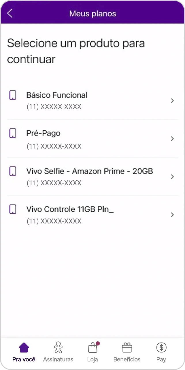 Tela com todos os números Vivo cadastrados.