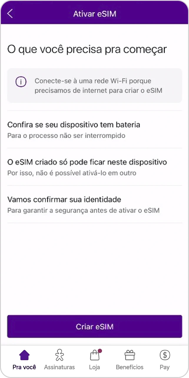 Tela com informações para criar um eSIM.