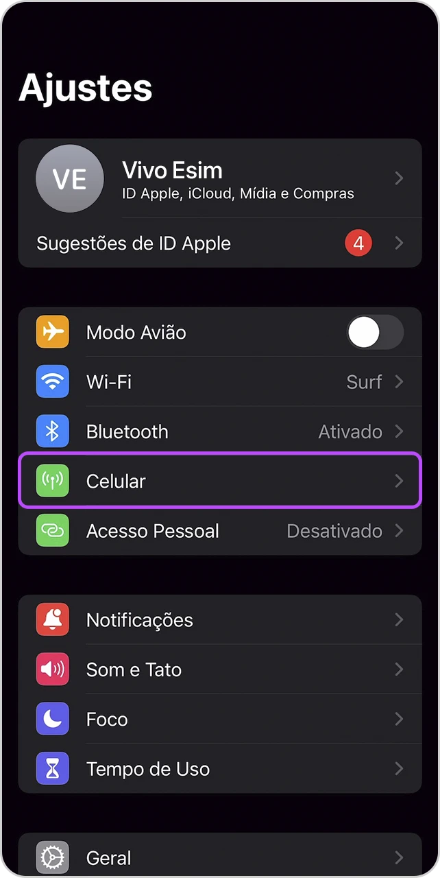 Tela de "Ajustes" com item "Celular" em destaque.
