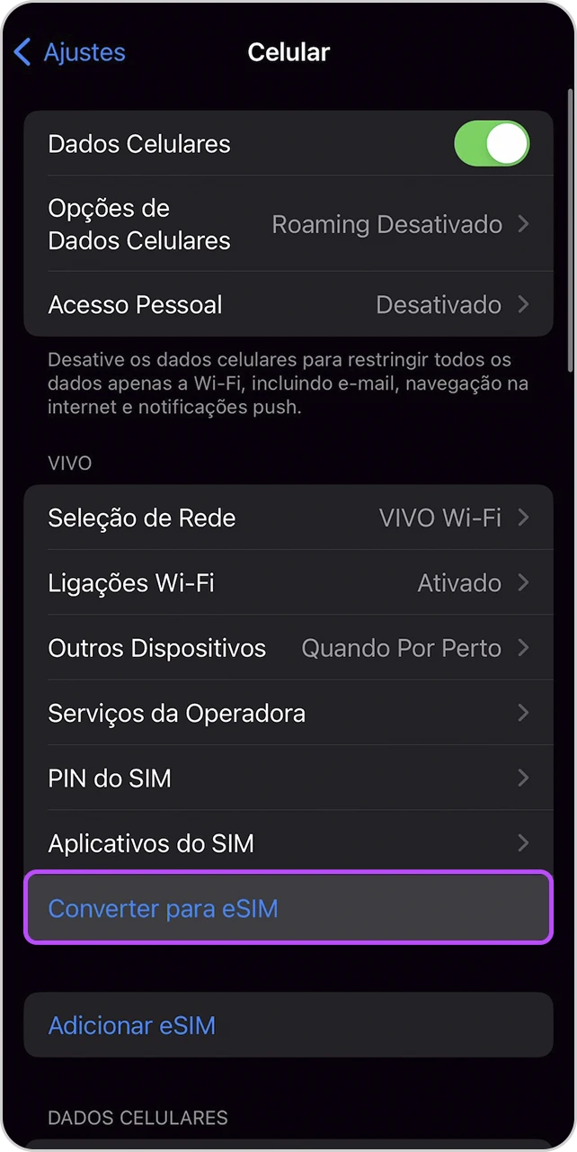 Tela "Celular" com opção "Converter para eSIM" em destaque.