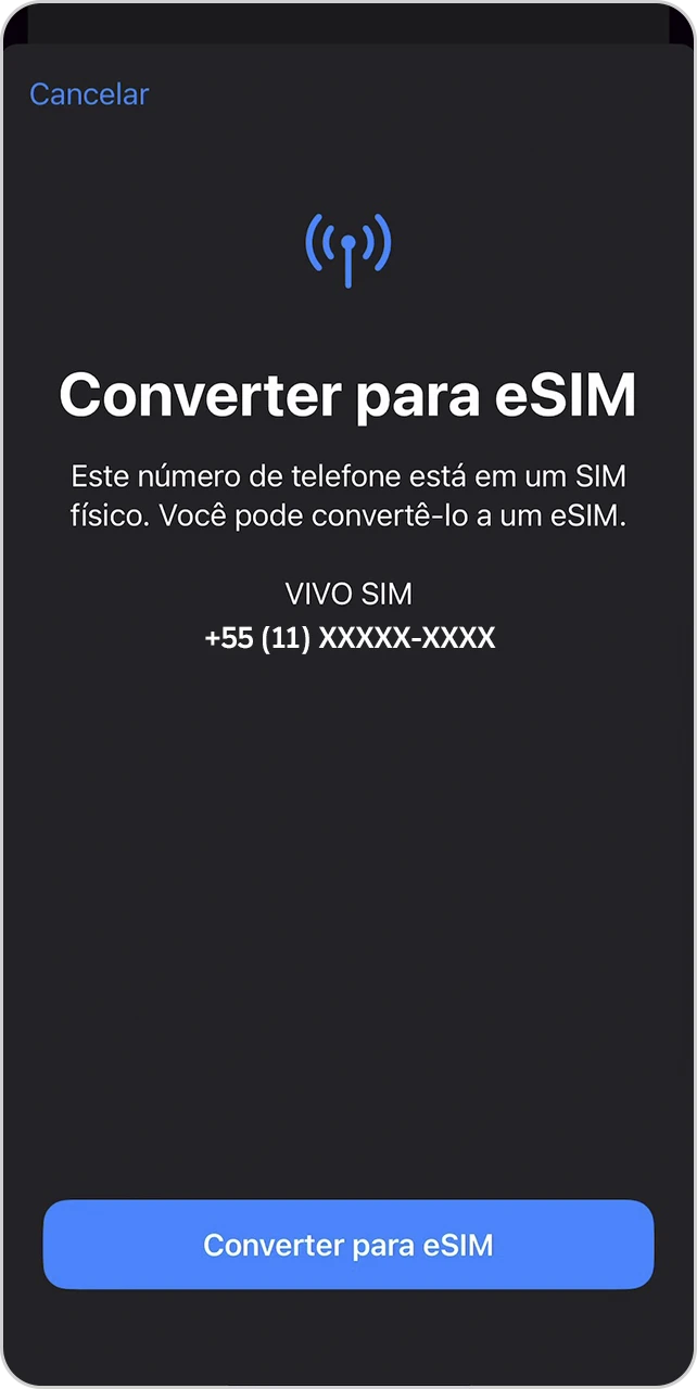 Tela de confirmação do número a ser convertido em eSIM.
