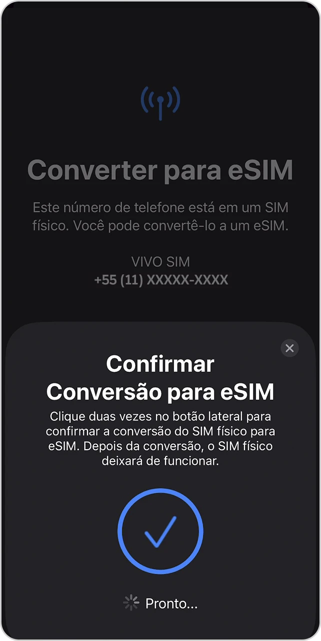 Tela de confirmação do número a ser convertido em eSIM.