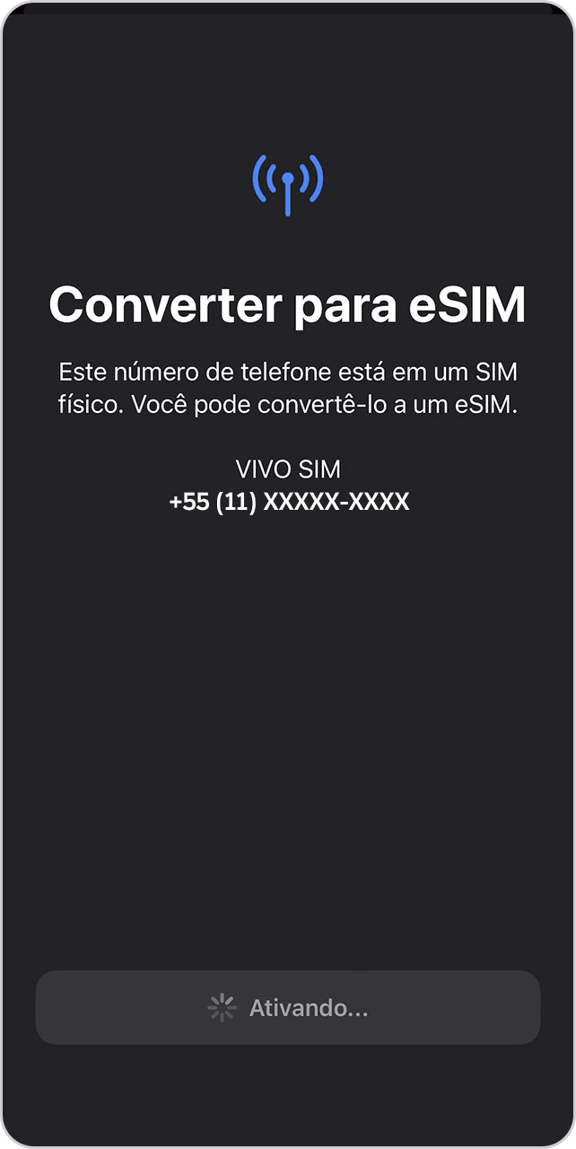 Tela de ativação do número a ser convertido de SIM card para eSIM.