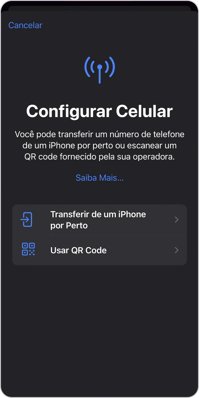Tela para selecionar a opção de usar QR code.