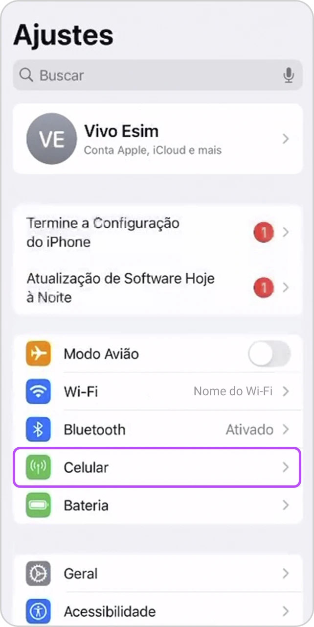 Tela de "Ajustes" com item "Celular" em destaque.
