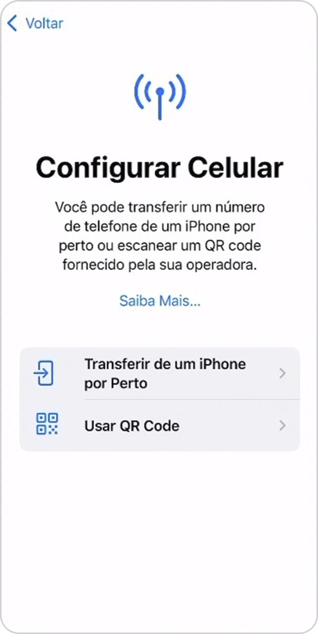 Tela de "Configurar Celular" com opções de Transferir de um iPhone por Perto.